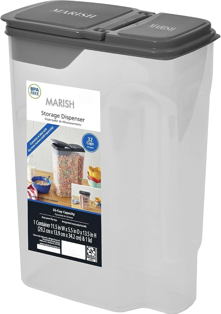 Clear Plastic Cereal Dispenser with Lid, 32-Cups, Space-Saving, Compact Design, 9.75" x 5.38" x 13.5" for Cereal, Snacks & More