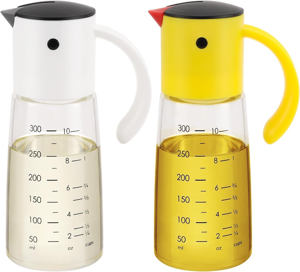 Vucchini Olive Oil Dispenser Bottle for Kitchen Cooking 10 oz - Auto Flip Vinegar Dispenser Container- Leakproof Glass Cruet with Non-Drip Spout Dispenser (white and yellow)