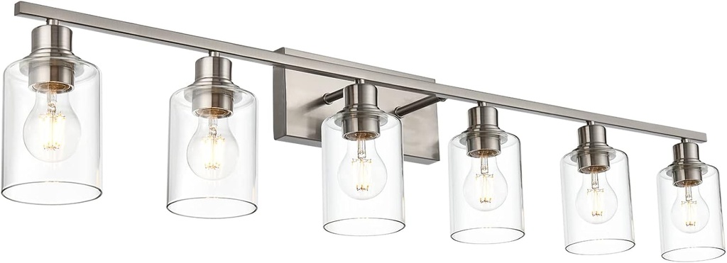 VINLUZ 6 Light Bathroom Lighting Fixture in Brushed Nickel Finish,Classic Metal Wall Mounted Lamp Over Mirror with Clear Glass Shade Industrial Vanity Light