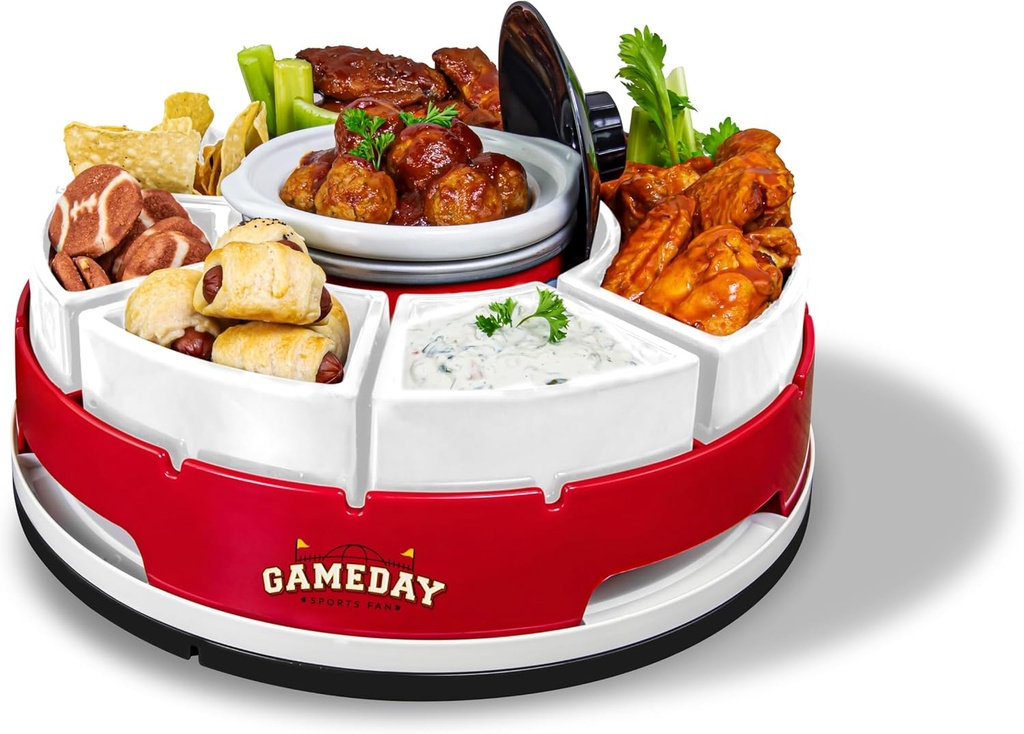 Nostalgia Gameday Heated Slow Cooker and Lazy Susan Serving Set for Parties, Fondue Pot for Dips and Nachos, Red/White