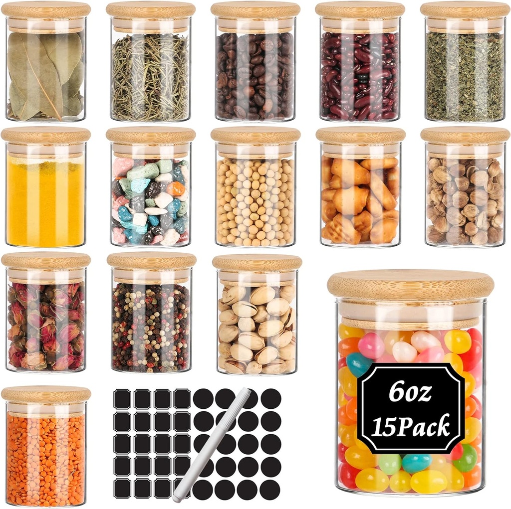 6 oz Glass Spice Jars with Bamboo Lids,15 Pack Airtight Food Storage Canister 200ml Small Glass Jars with Lables for Kitchen Organization,Spices,Coffee,Flour,Candy,Nuts and Snacks