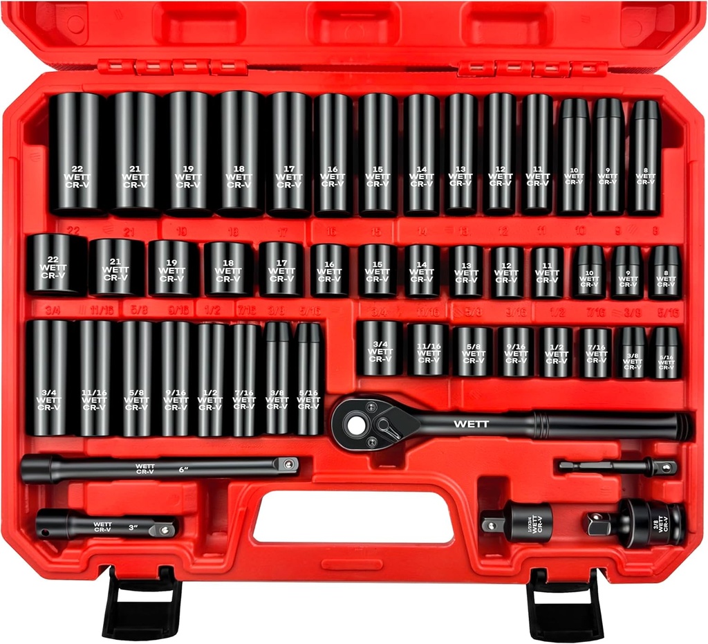 WETT 3/8" Drive Impact Socket Set, 50Pcs SAE/Metric, Deep/Shallow Sockets, with Adjustable Ratchet Handle, Extension Bar, Universal Joint, Adapter & Reducer, Cr-V Steel,(5/16"-3/4", 8-22mm)