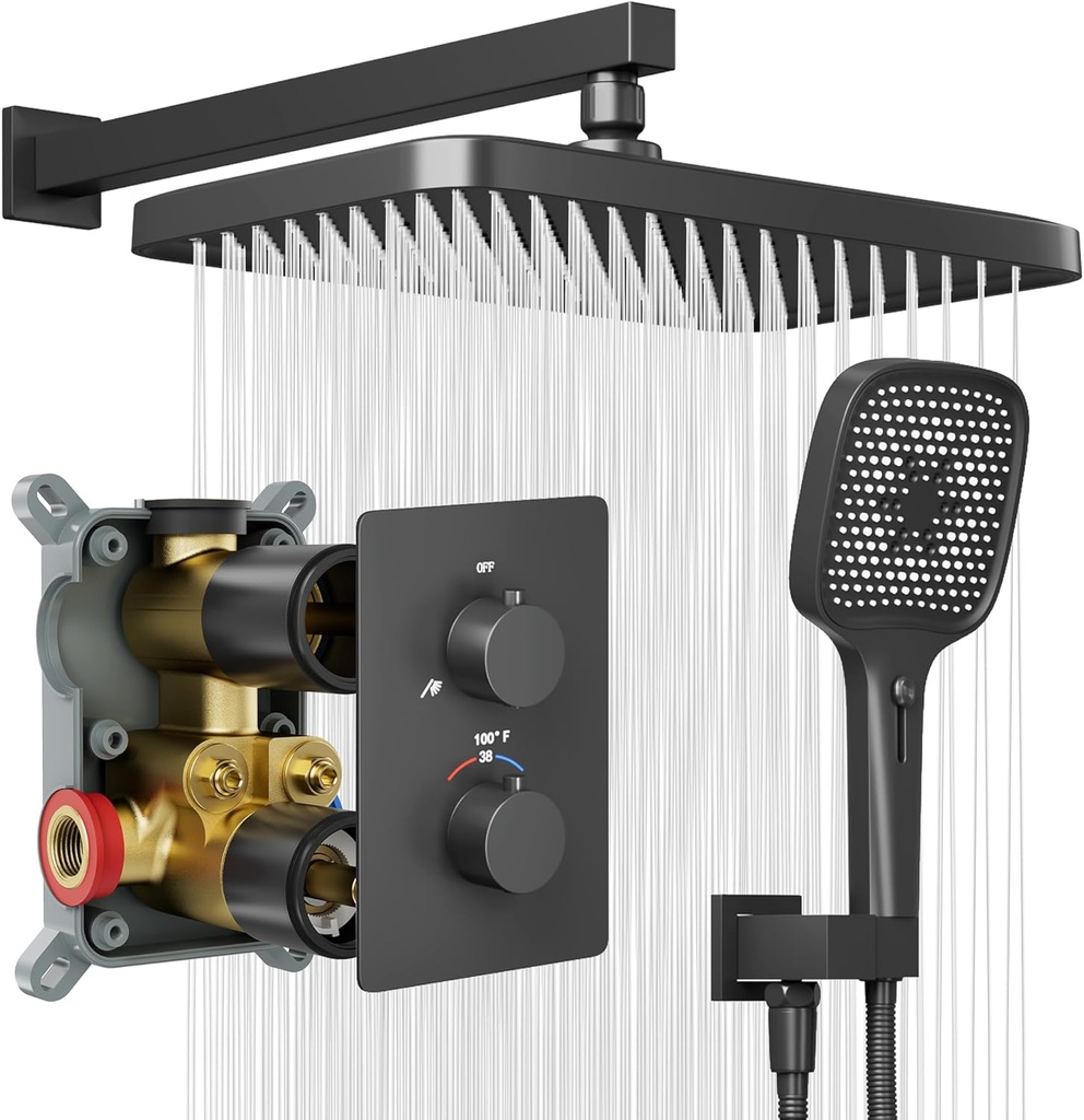Thermostatic Shower System with 12" Ceiling Rain Shower Head & 4 Modes Handheld, Shower Faucet Set with Pressure Balancing Valve, High Pressure Shower Fixtures Sets Trim Kit for Bathroom & Bathtub