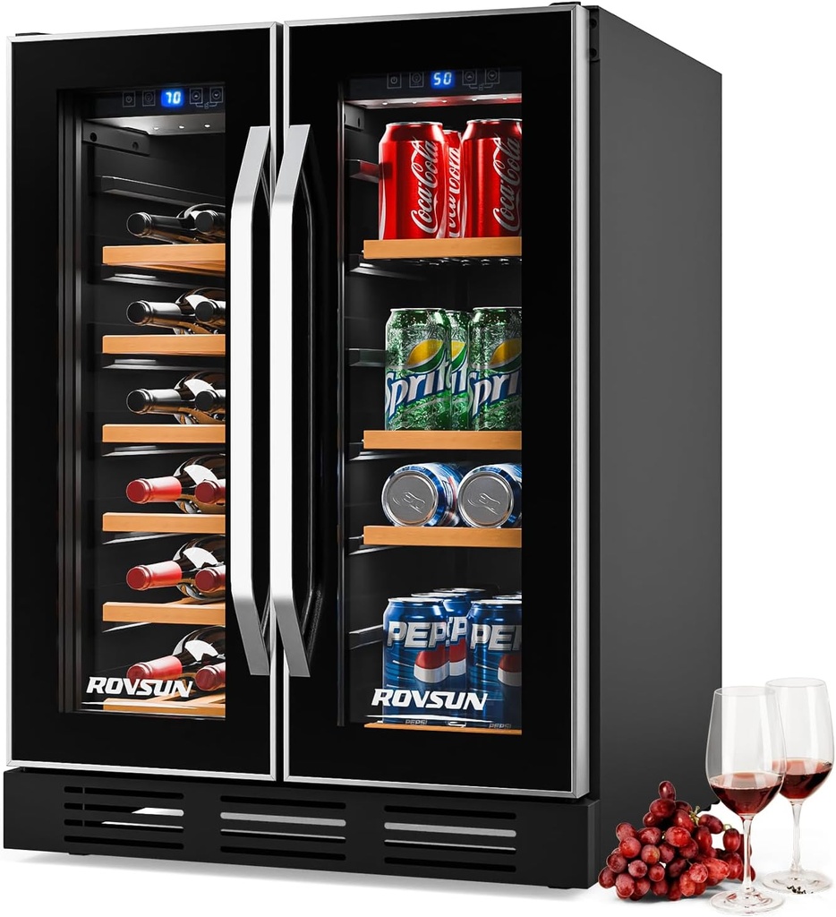 ROVSUN Dual Zone Wine and Beverage Refrigerator, 34 Bottle Wine Fridge with 2 Glass Door & Digital Temperature Control, Built-in/Freestanding/Under Counter Wine Cooler Chiller for Wine Champagne Beer