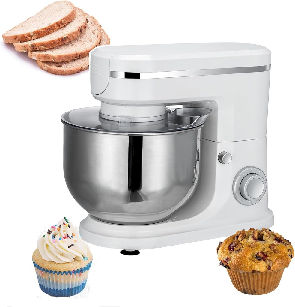 Stand Mixer with 6 L Stainless Steel Bowl and Splash Guard, 6-Speed Adjustable, Household Desktop Dough Mixer, with Flat Agitator, Egg Beater, Dough Hook