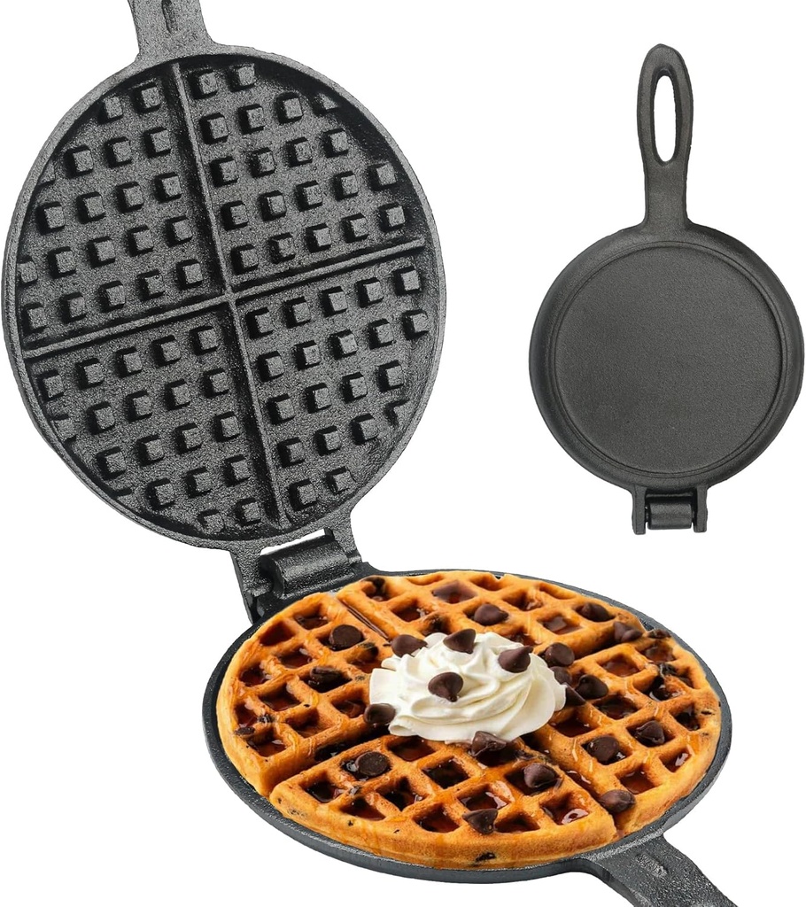 Cast Iron Waffle Maker for Stovetop or Camping Grill Two Piece Hinged Non Electric Waffle Iron Makes 7" Round Waffles