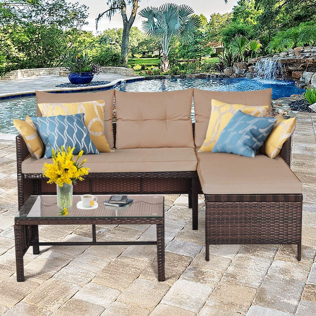 RELAX4LIFE 3-Piece Patio Furniture Set, Outdoor Wicker Sectional Sofa Set w/Washable Cushion, Tempered Glass Coffee Table, Rattan Conversation Set Outdoor Couch for Garden Backyard Deck (Brown)