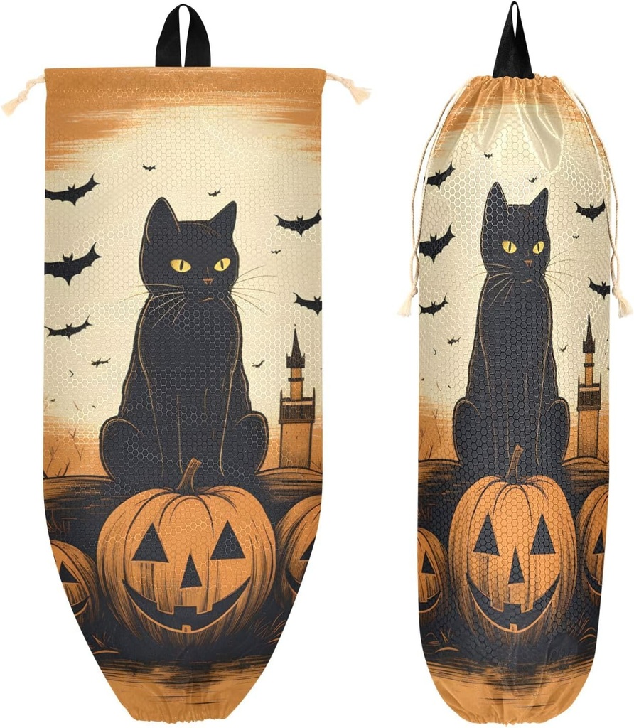 Pumpkins Cat Plastic Bag Holder, Reusable Grocery Bag Holder Wall Mount Plastic Bag Organizer Washable Shopping Bags Carrier ​for Home Kitchen, 2 Pack