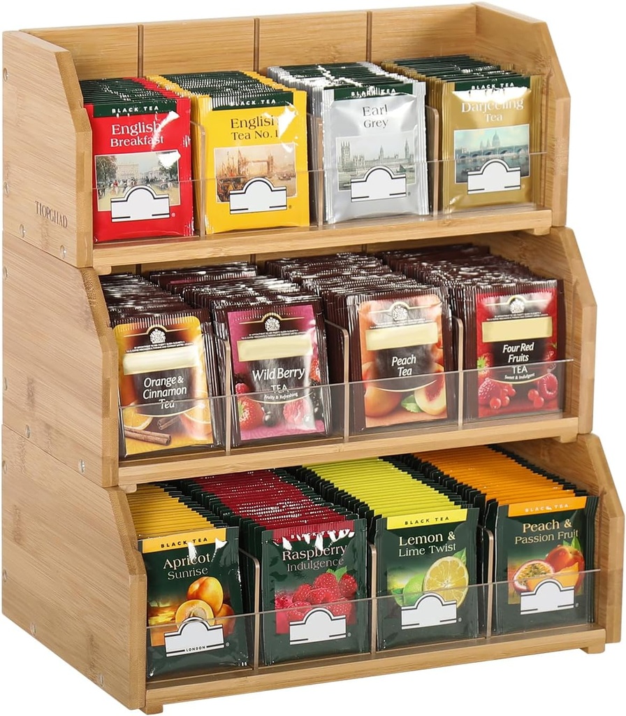 3 Layer Stackable Bamboo Tea Bag Organizer Storage Holder for Tea Bags Wood Tea Box Containers Tea Rack Teabag Station Stand for Cabinet Countertop Office(Patented Design)
