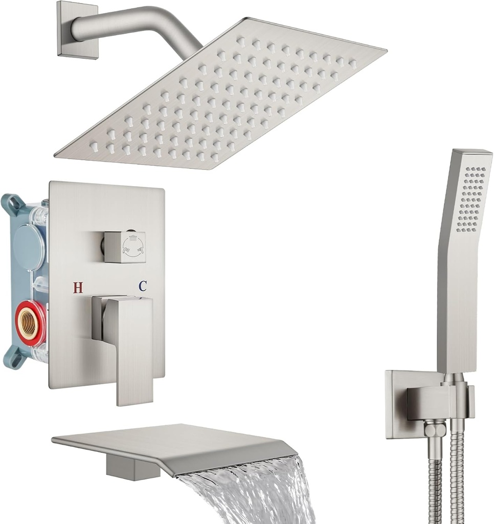 Midanya Shower System with Tub Spout,Bathtub Shower Faucet Set with Square Rainfall Head and Handheld Sprayer Wall Mount Tub Faucet Set with Valve and Trim Kit,8 Inch Brushed Nickel