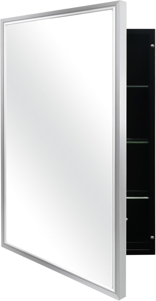 Modern Medicine Cabinet Mirror Storage for Bathroom Bedroom Surface/Recessed Mount with 3 Shelves (16"x26", Brushed Silver)