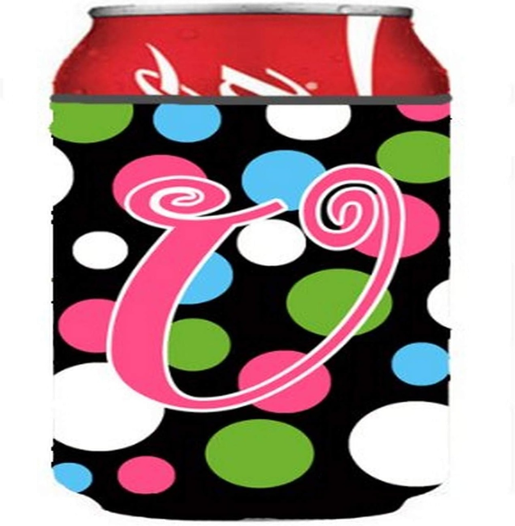Caroline's Treasures CJ1038-UCC Letter U Initial Monogram - Polkadots and Pink Can or Bottle Hugger Cooler Washable Drink Sleeve Collapsible Beverage Insulated Holder, Can Hugger, Multicolor