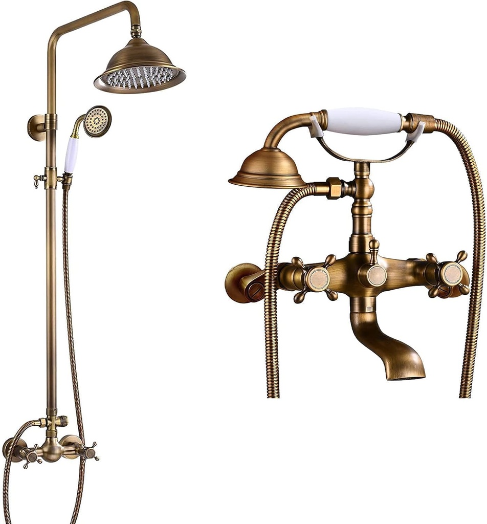 Antique Brass Shower System 8’’ Rainfall Shower Head Handheld Spray 2 Cross Handle Wall Mount Clawfoot Bathtub Faucet 2 cross Handle with 3-3/8’’ Center with Adapter Adjustable Swing Arms