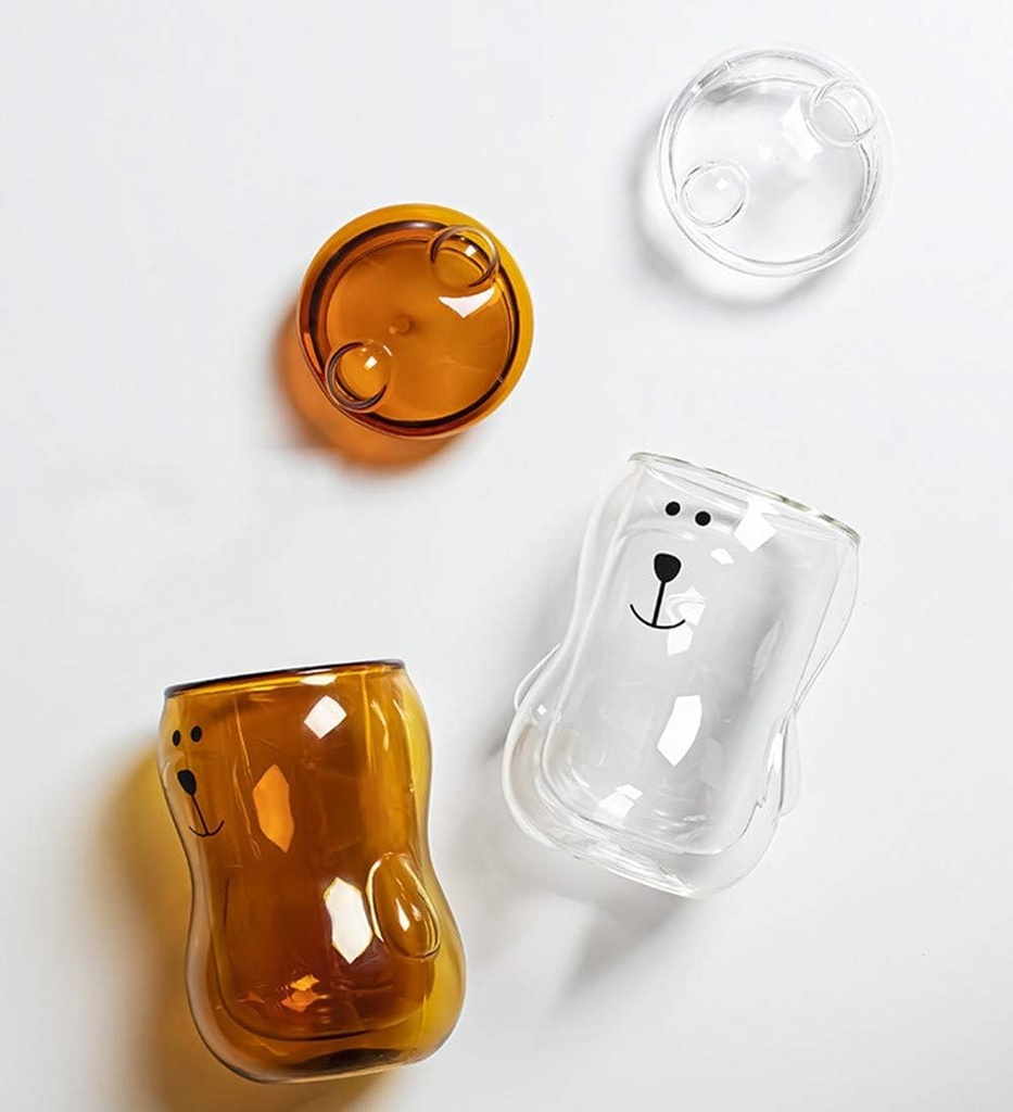Bear Cup, Double Wall, 300 ml Espresso Coffee Tea 3D Glasses Cup with Lid Heat-resistant Double Wall Milk Beer Juice Drinkware Christmas Cup (Transparent)