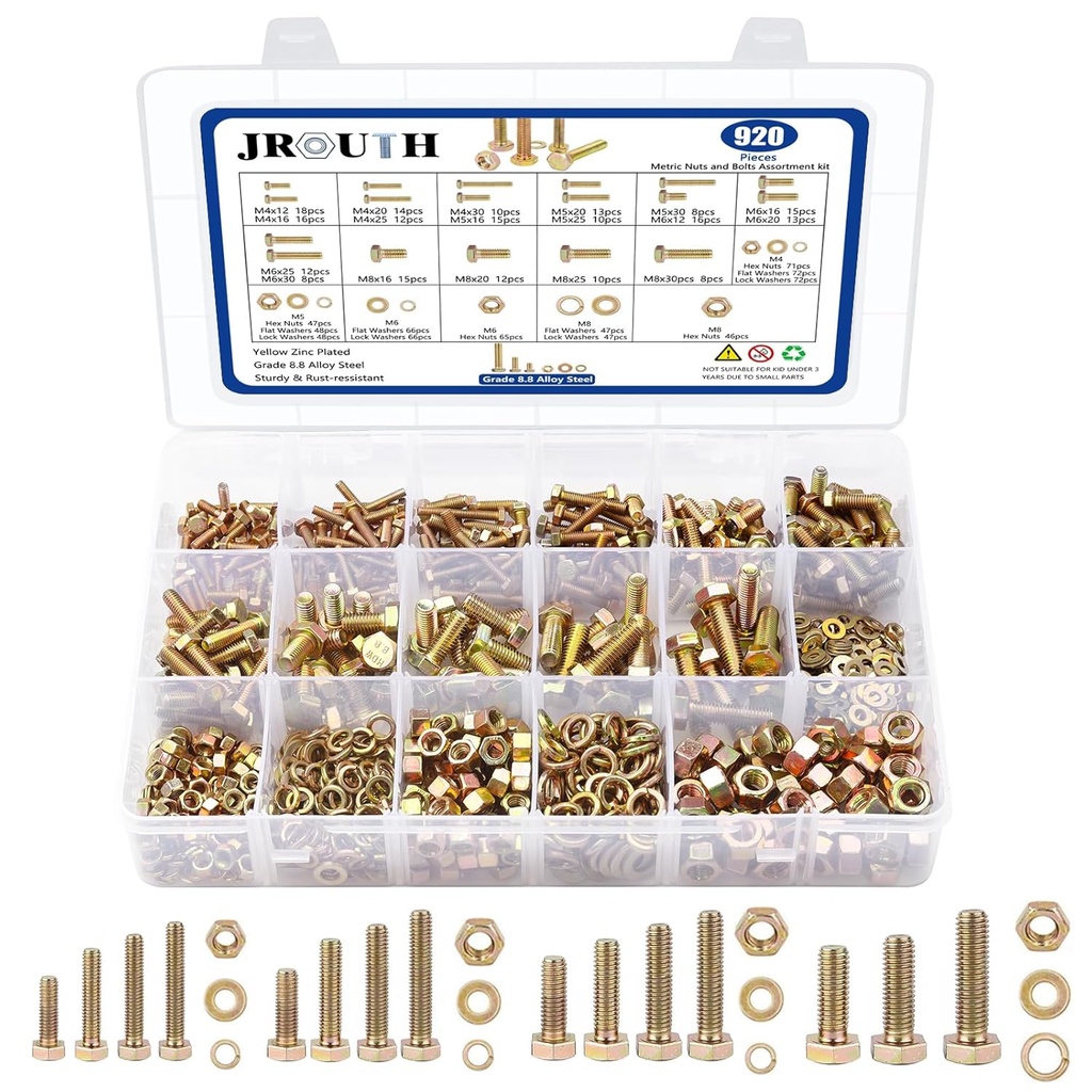 920PCS Grade8.8 Metric Bolt and Nut Assortment, M4/M5/M6/M8 Heavy Duty Hex Head Bolts and Nuts Kit with Yellow Zinc Plated, Includes 18 Common Size,Length from 12-30mm