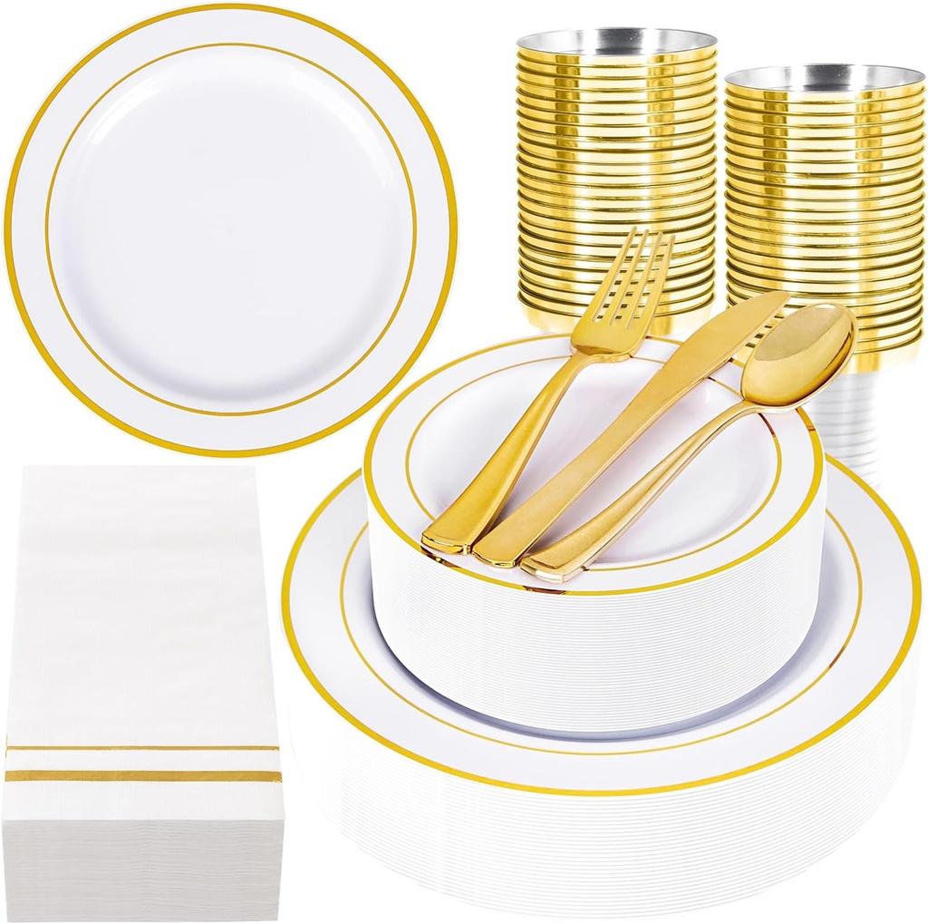 GATHER 350PCS White and Gold Plastic Plates - Disposable Plastic Dinnerware Set Include 50 Dinner Plates, 50 Dessert Plate, 150 Silverware, 50 Napkins, 50 Cups for Party & Wedding & Thanksgiving