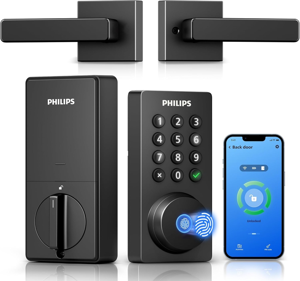Philips WiFi Deadbolt Smart Lock with Handle, APP/Voice/Fingerprint/Passcode/Key Unlock, Smart Locks for Front Door with Handle Set, Backlit Keypad Deadbolt, Keyless Entry, Remote Control, Auto-Lock