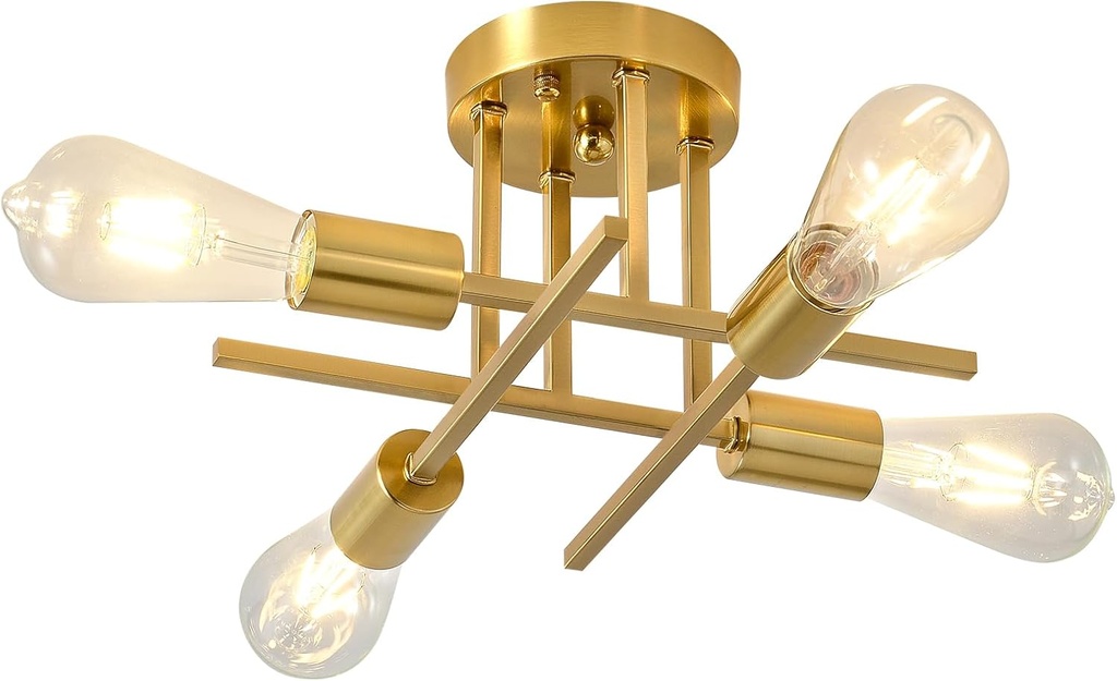 EGM Gold Semi Flush Mount Ceiling Light, 4-Light Modern Kitchen Light Fixture with E26 Base, Ceiling Lamp for Bedroom, Sputnik Chandelier for Dining Room Living Room Foyer Office (1 Pack)