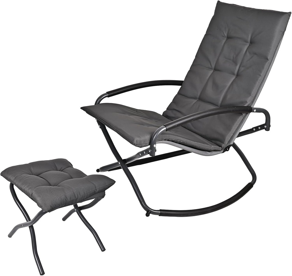 Rocking Folding Chair Recliner Chair with Ottoman Puffy Cushion Suitable for Porch Deck, Garden, Patio Lounge and Stool Set, Gray Textilene Fabric