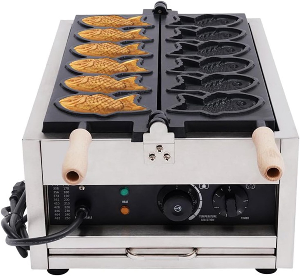 3000W Commercial Taiyaki Waffle Maker, Nonstick Iron Machine Baker, Temperature and Time Control, for Bakery, Restaurant, Cafe, Home - Electric Waffle Baking Machine (3KW, 6 PCS Nonstick)