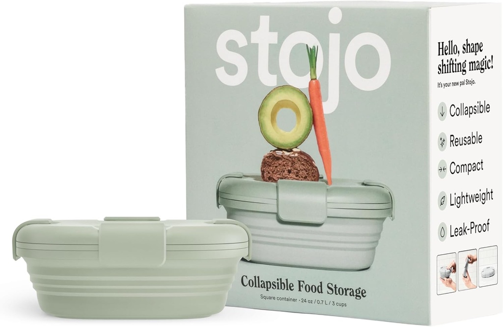STOJO Collapsible Sandwich Box – 24oz, Reusable Food Storage Container, Silicone Bowl for Hot/Cold Food – Meal Prep, Lunch, Camping, Hiking – Dishwasher Safe (Set of 1, Sage)