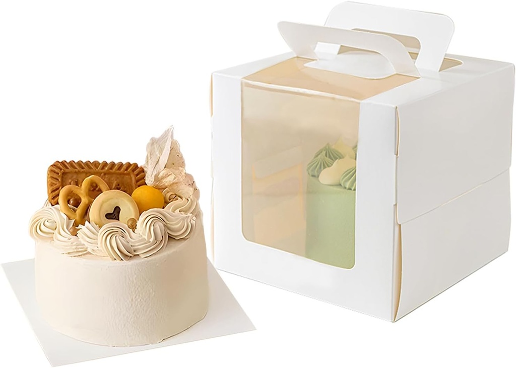 25 Pcs 5x5x4 Inch White Cake Boxes with Handle & Boards, Easy Carrying Paper Cake Containers, Cake Holder Window Carriers for Birthday Christmas Birthday Wedding, Party, Gift