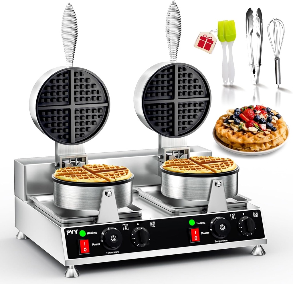 PYY Commercial Waffle Maker - Double Waffle Maker Large Stainless Steel Waffle Maker, Non-stick Electric Chaffle Maker for Restaurant Party Food Stall, 2500W