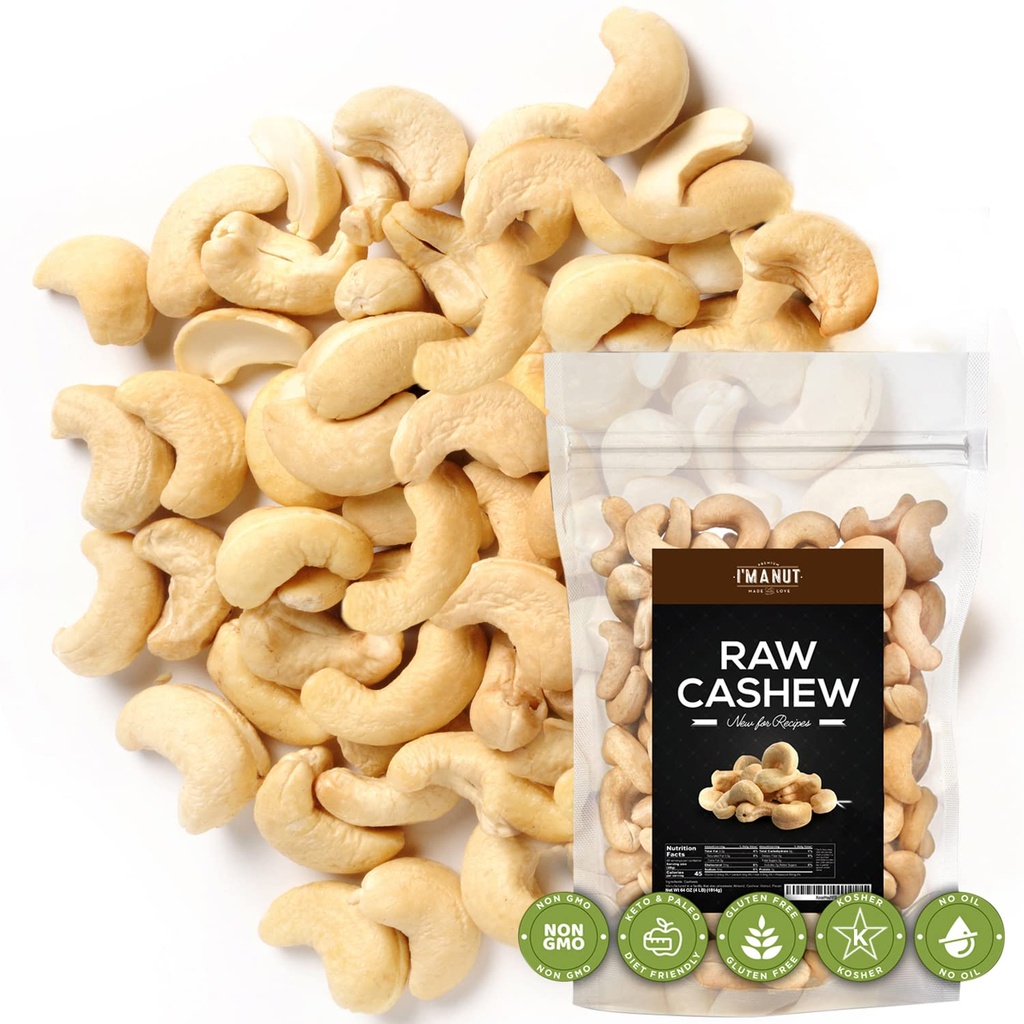 Premium Raw Cashews 64oz (4 lbs.) Non-GMO, No Additives Batch Tested Gluten & Peanut Free, Resealable Pouch for Freshness, Unsalted Cashews - Perfect for Pesto, Salads, Gourmet Cooking and Baking