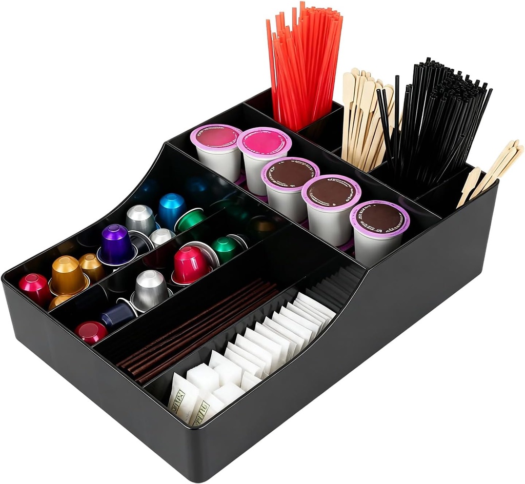 Cup and Lid Organizer for Countertop - 9 Compartment Coffee Station Organizer, Drinkware Storage Holder for Cabinet/Counter, Clear Bar Tool for Cups, Lids, Straws, Napkins