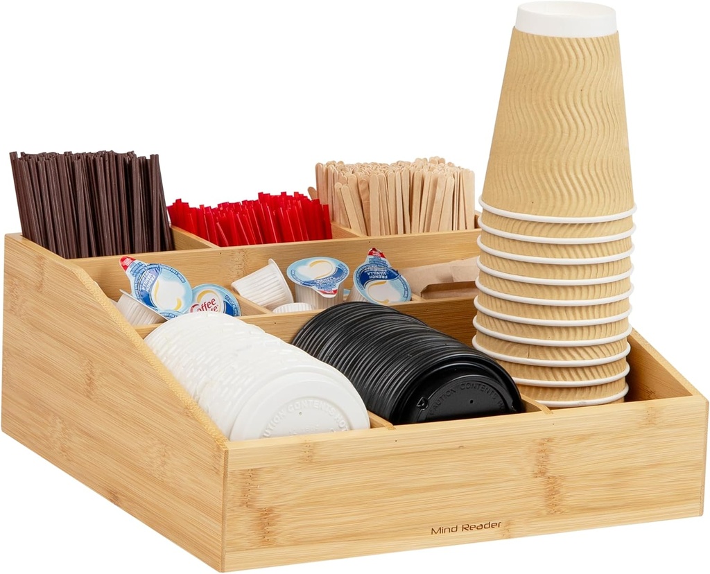 Mind Reader Coffee Condiment and Accessories Caddy Organizer with 9 Organizing Compartments, Bamboo Brown