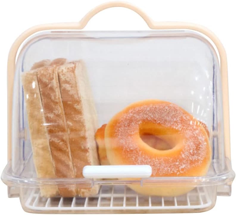 BAOZOON Portable Bread Box with Handle and Transparent Lid Loaf Cake Storage Carrier with Removable Drain Rack Food Storage Container for Pastries Donuts Buns Fruits(Apricot Handle)