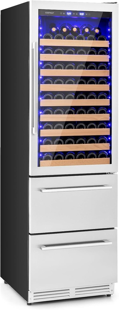 COSTWAY 24 Inch Wine and Beverage Refrigerator, Dual Zone Beverage Cooler with Independent Temperature Control, 108 Bottles and 175 Cans, Built-In or Freestanding Wine Cellar