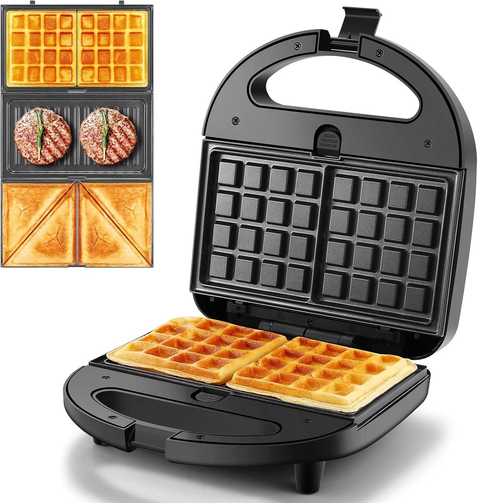 OSTBA 3 in 1 Sandwich Maker Panini Press Waffle Iron Set with 3 Removable Non-Stick Plates, 750 W Toaster Perfect for Sandwiches Grilled Cheese Steak, Black