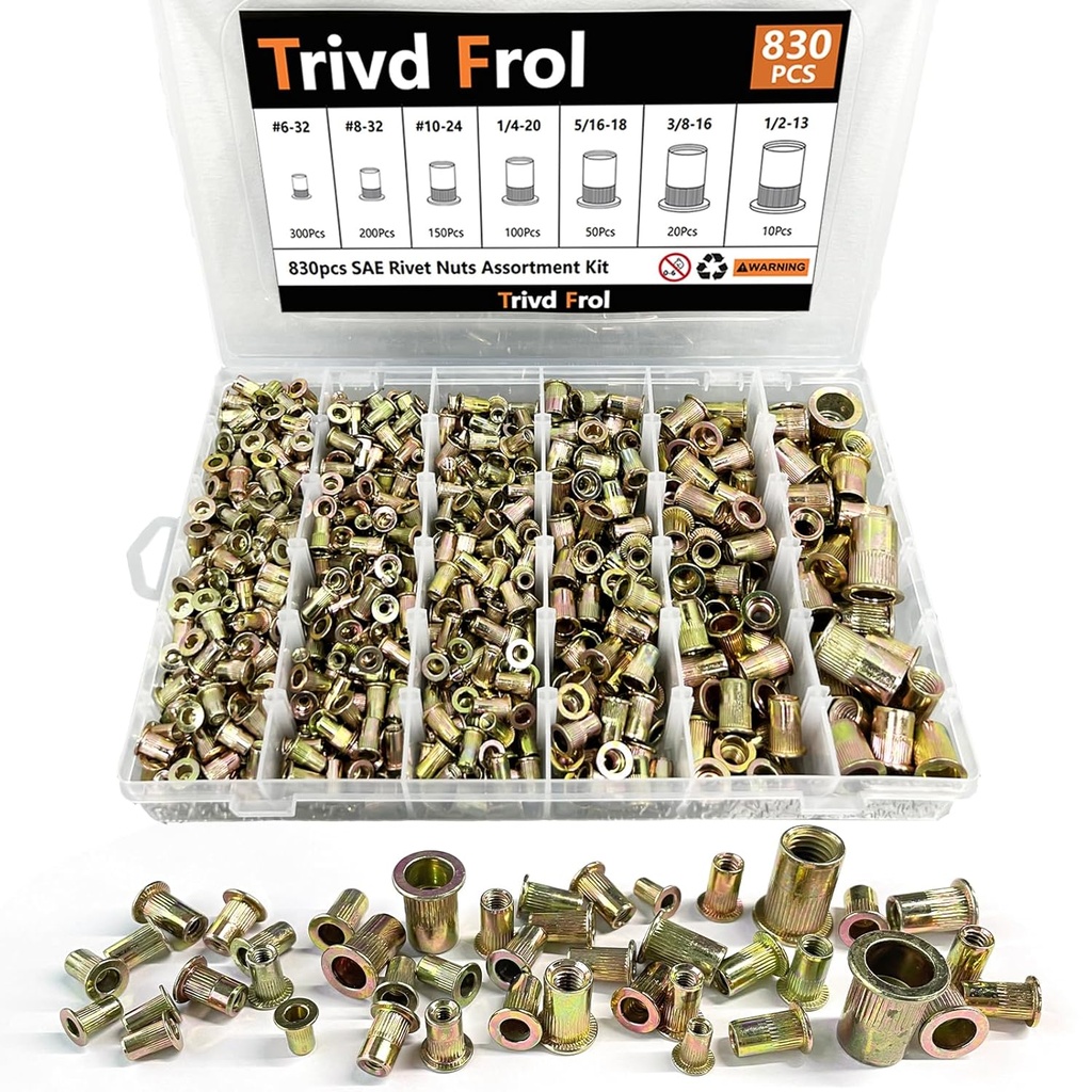 Rivet Nut Tool Kit, 830pcs SAE/Metric Rivet Nut Assortment Kit #6-32, #8-32, #10-24, 1/4-20, 5/16-18, 3/8-16, 1/2-13, w Galvanized Carbon Steel Flat Head Threaded Insert Nuts (SAE - 830pcs)
