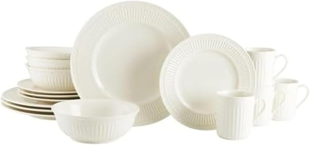 Mikasa Italian Countryside 16-Piece Dinnerware Set - Classic White Porcelain with Fluted Bands, Service for 4 - Dinner Plates, Salad Plates, Bowls, and Mugs, Microwave & Dishwasher Safe