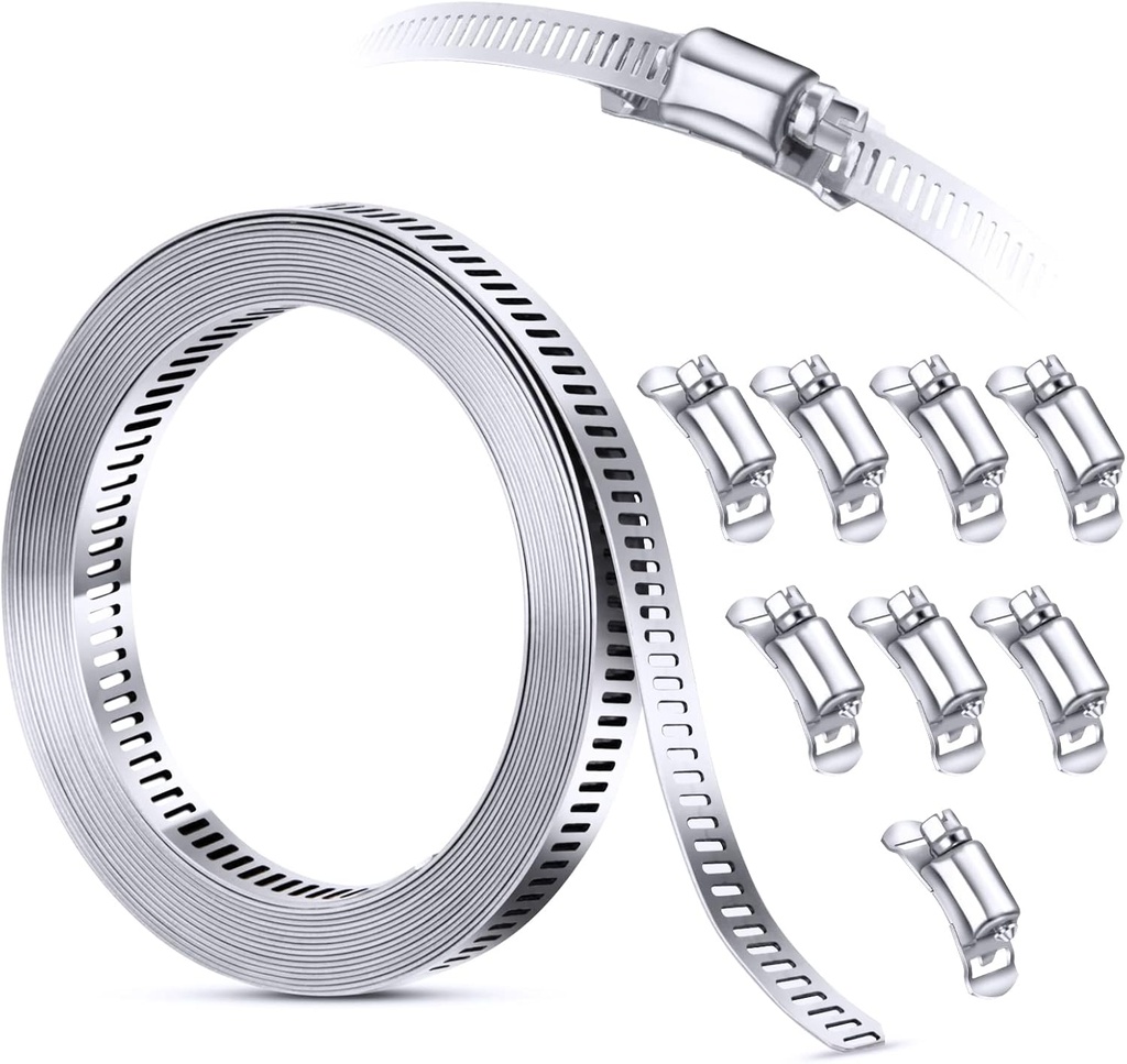 304 Stainless Steel Hose Clamp Assortment Kit DIY, Cut-To-Fit 12 FT Metal Strap+8 Stronger Fasteners,Large Adjustable Worm Gear Band Hose Clamps Screw Clamps Duct Pipe Metal Clamp Strapping