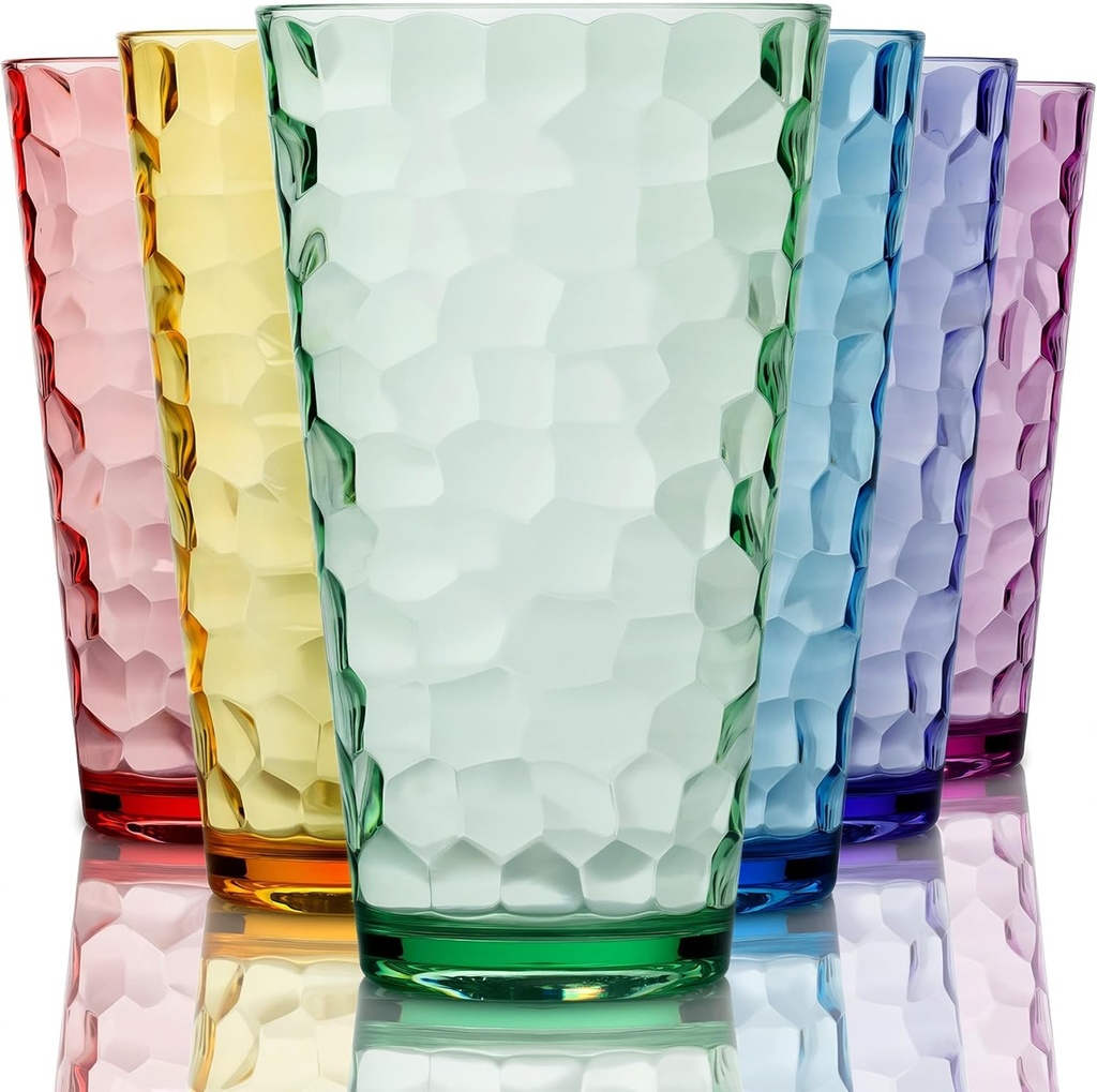 Hammered Plastic Drinking Tumbler, Dishwasher-Safe Premium Quality Water Glasses, BPA-Free Reusable Mixed Colors Assorted Stackable Cups, 22 oz Set of 6