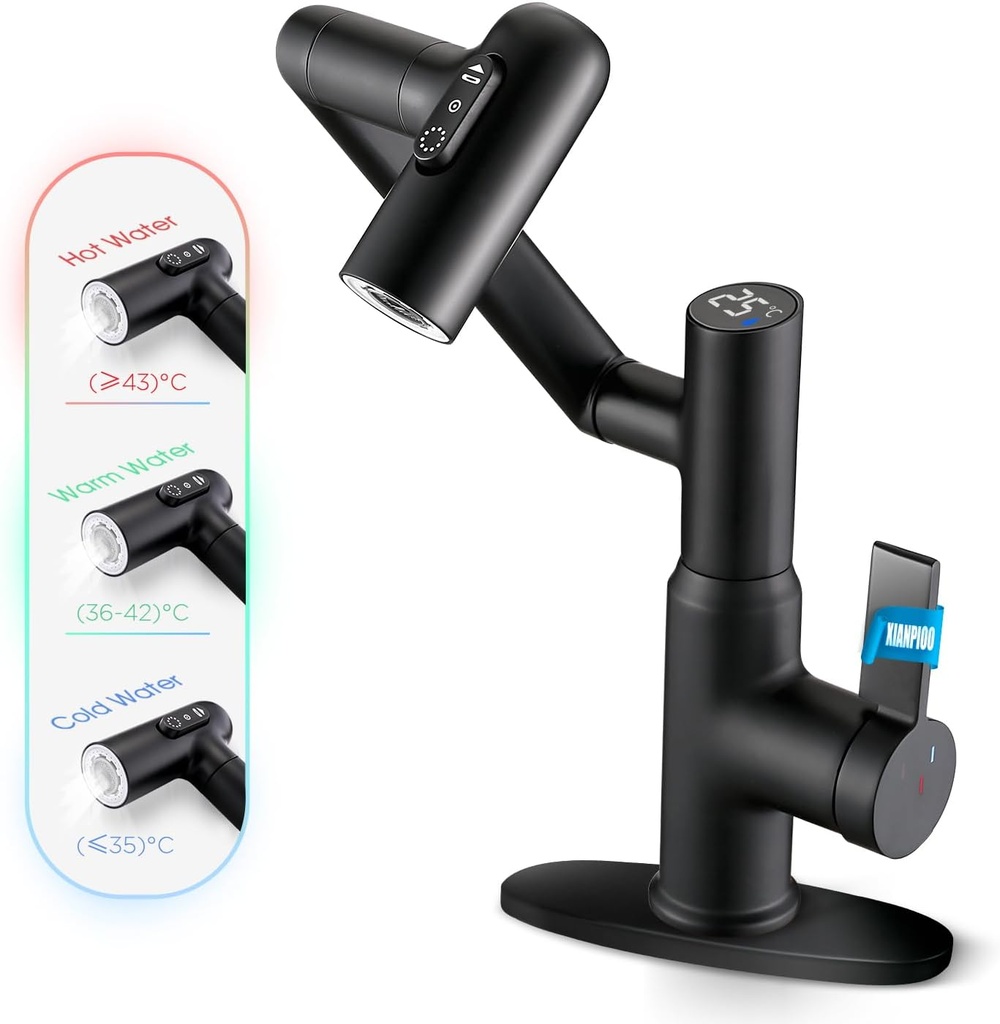 Rotatable Bathroom Faucet with Temperature Display in Celsius(Batteries-Free), Height Adjustable Sink Smart Faucet with 3 Water Settings for Bathroom RV Lavatory Vanity Sink, LCF-2401, Matte Black
