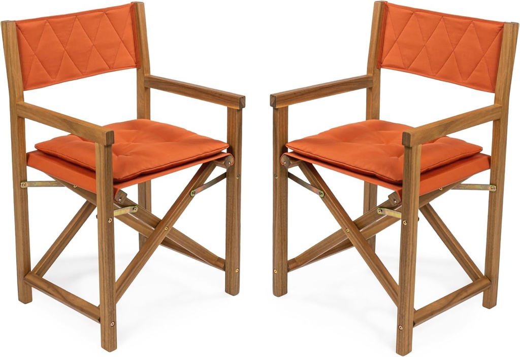 JONATHAN Y DRC1002B-SET2 Waldo Classic Mid-Century Outdoor Acacia Wood Foldable Diamond-Quilted Back Director Chair with Cushion Modern, Vintage, Bohemian, Coastal, Orange/Teak Brown (Set of 2)