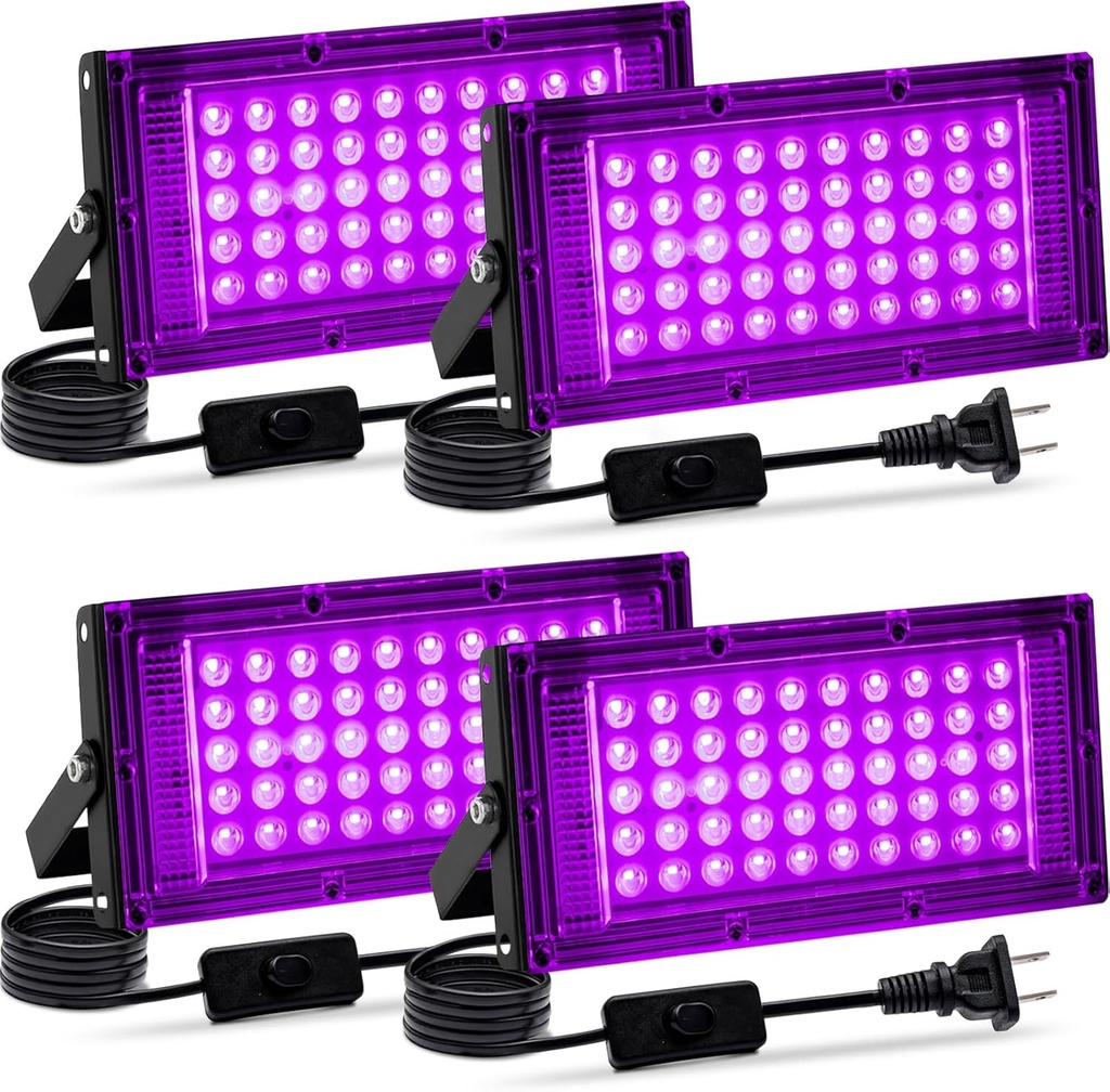 4 Pack 50W Black Light, LED Blacklight Flood Light with US Plug and Switch, Black Lights for Glow Party,Halloween,Body Painting,Birthday Party,Fluorescent Painting and Fluorescent Tapestry