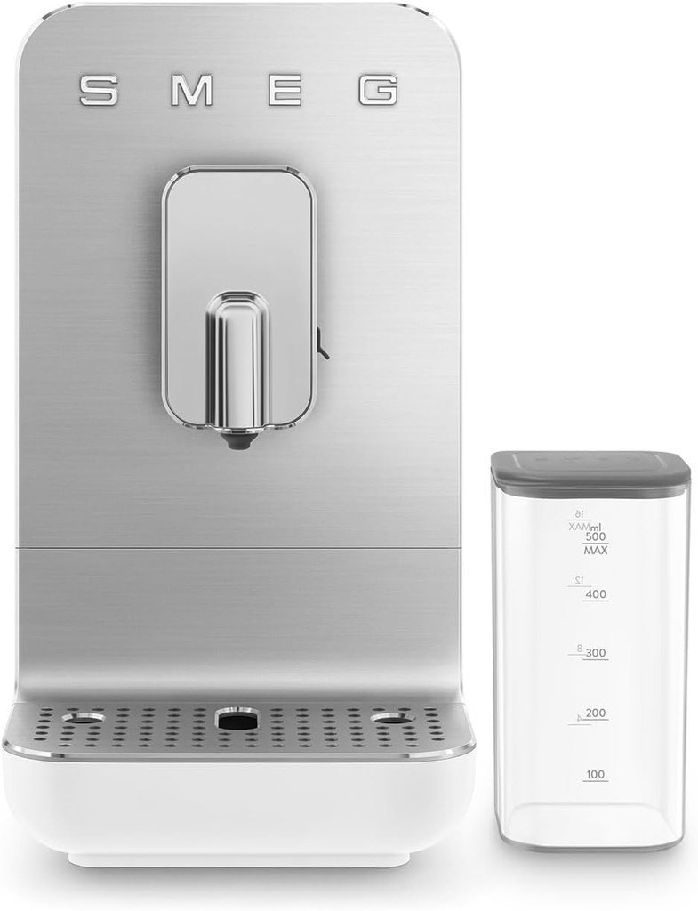 SMEG NEW Fully Automatic Espresso Machine w/Integrated Milk Frothing and Coffee Grinder 10 Preset Beverages 19 Bars of Pressure Space Saving Energy Efficient Thermoblock Heating BCC13WHMUS Matte White