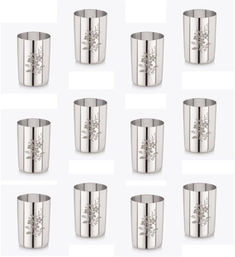 Water Glass Tumbler Steel Glass Serving Drinking Glass| Stainless Steel 7 22G Laser Royal Glass, 300 ml, Silver, Set of 12
