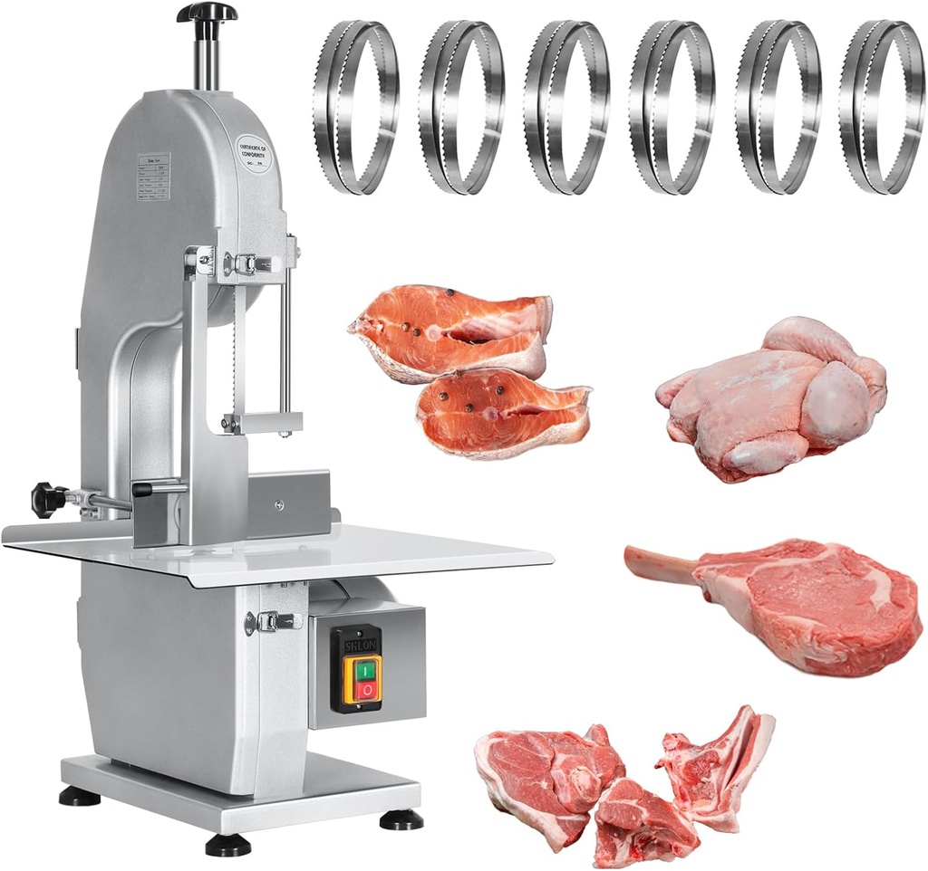 Commercial Electric Meat Bone Saw Machine, Kitchen Frozen Food Processor, Adjustable Thickness 0.6-5.9”, Butcher Band Saw with 20x15” Work Table for Chicken Fish Beef Bread