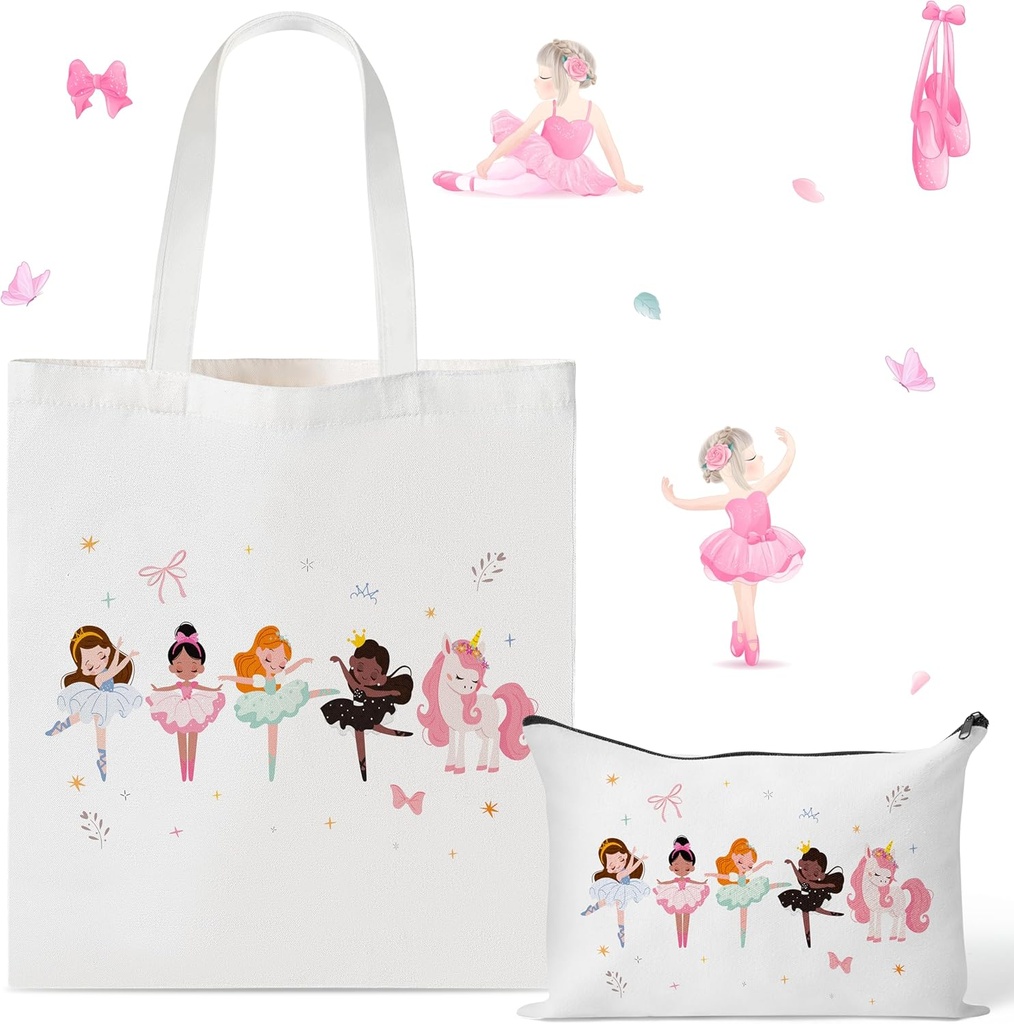 Y1tvei Ballerina Canvas Bag Set- Cute Dancing Girls Canvas Tote Bag Makeup Pouch with Inner Pocket, Gifts for Dance Recital