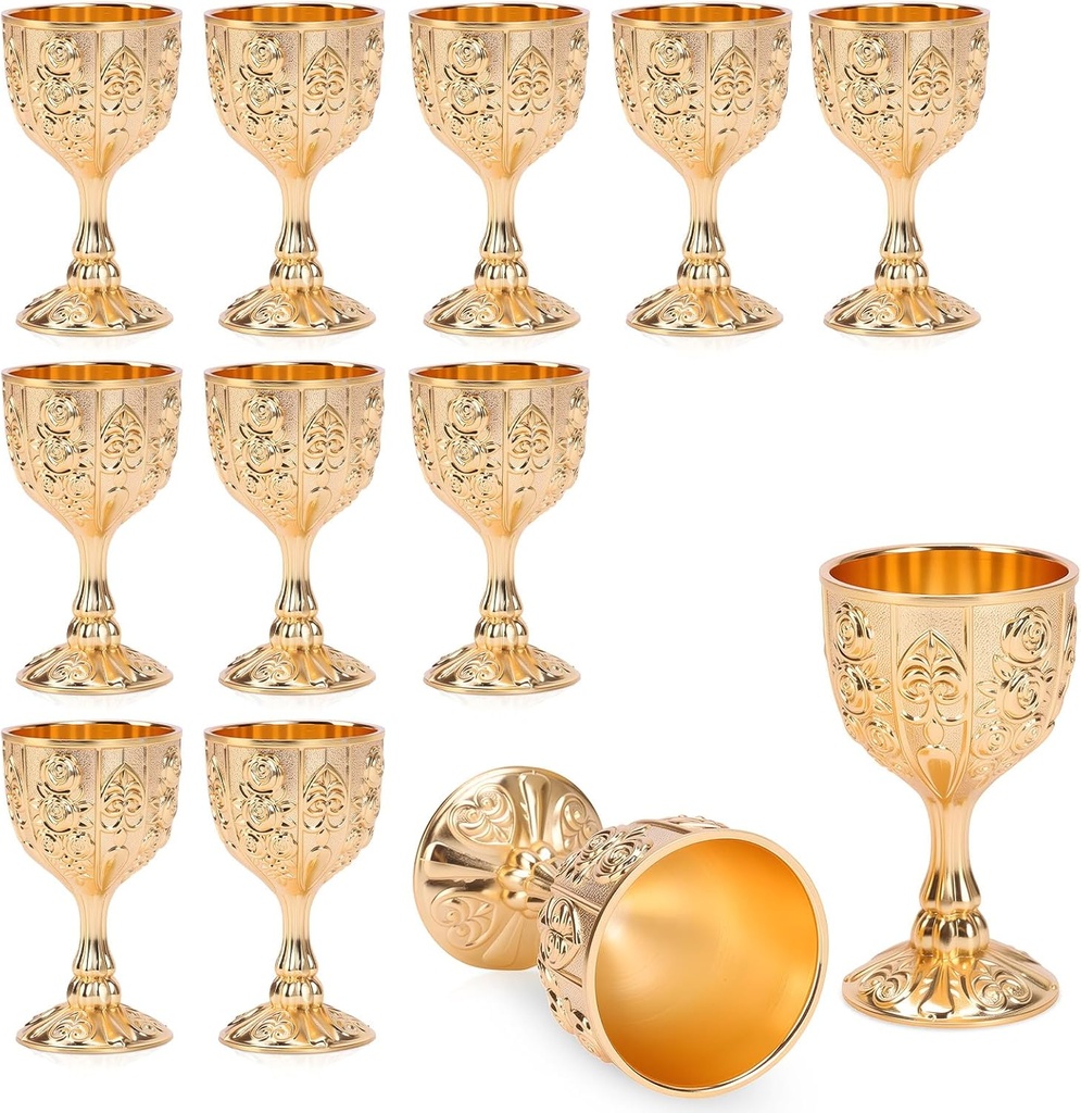 12Pcs Mini Gold Goblet Altar Chalice 20ml Holy Altar Chalice Metal Shot Glasses Tiny Embossed Wine Cup for First Communion Altar Drinking