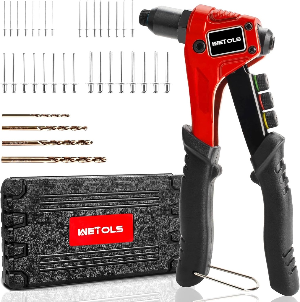 WETOLS Pop Rivet Gun Kit with 200 Blind Rivets, Upgraded Manual Single Hand Riveter with 4 Tool-Free Interchangeable Rivet Heads and 4 Drill Bits, Pop Rivet Tool Kit with Sturdy BMC Carrying Case