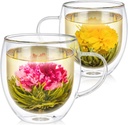 Teabloom Oversized Insulated Borosilicate Glass Mugs (17 oz / 500 ml) – Set Includes 2 Mugs + 2 Blooming Teas – Premium Quality Microwave Safe Glasses