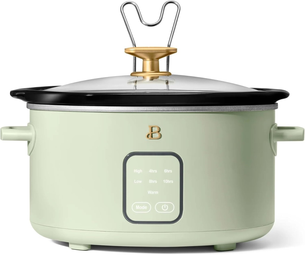 Beautiful 4Qt Slow Cooker with Touch-Activated Display, 4 Cooking Presets, Dishwasher-Safe Pot, Tempered Glass Lid, Cool-Touch Handles, Non-Skid Feet, Sage Green Finish, Perfect for Family Meals