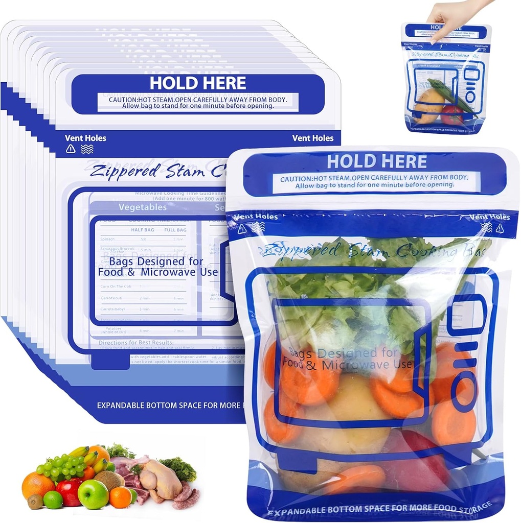 20 Pcs Microwave Steam Cooking Bags for Vegetables Microwave Steamer Bag with Stand-up Zipper Microwave Cooking Bags for Veggie Potatoes Meat Frozen Food Faster & Healthier
