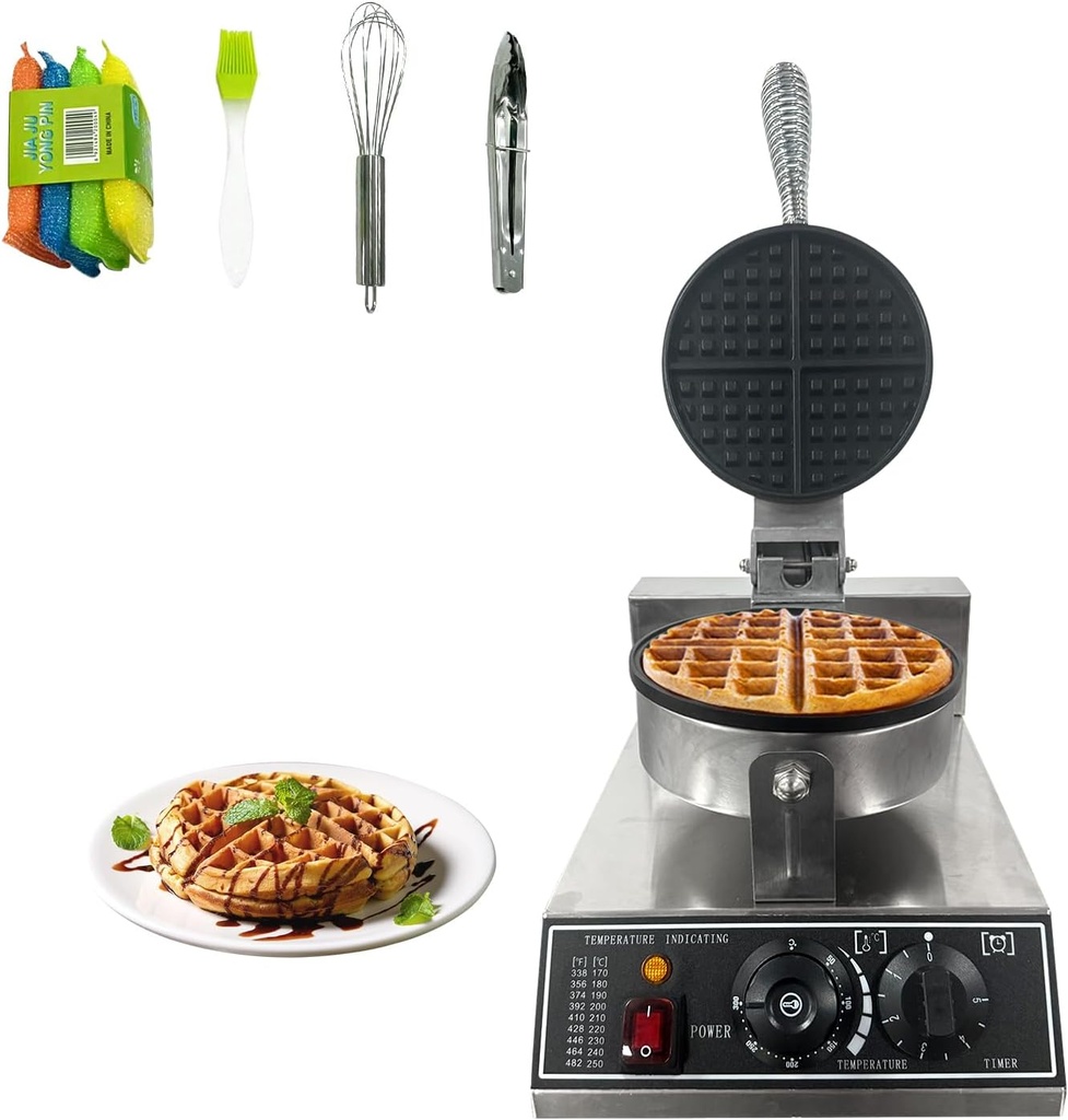 Commercial Waffle Maker, 1200W Stainless Steel Nonstick Round Waffle Iron with 122℉ to 572℉ Temp Range & Time Control, for Household Bakeries Snack Bar